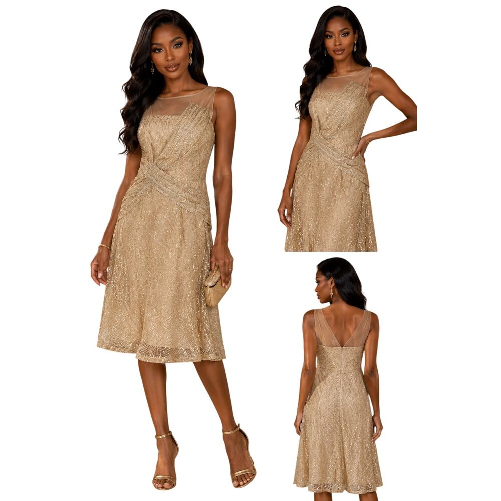 JS Collections Womens 8 Gold Metallic Cocktail Dress Illusion Neck Sequins